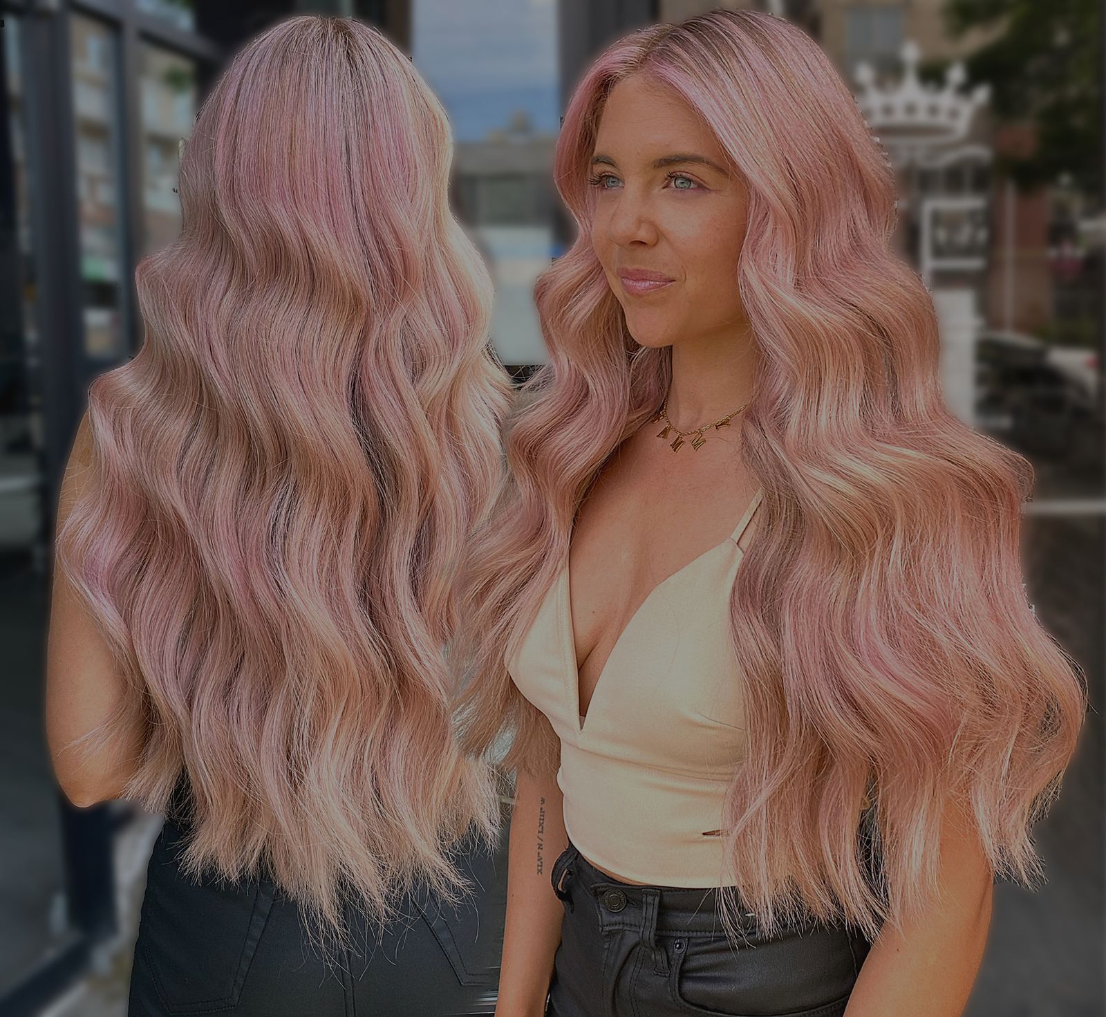 Two clients with long pink-toned extensions